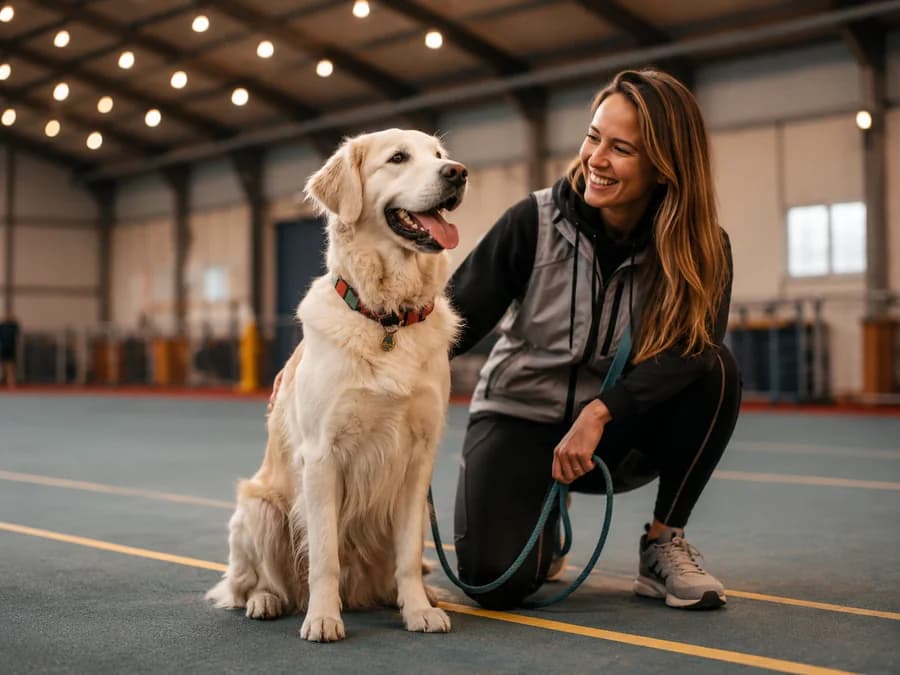 Woof Dogs professional dog trainers working with client dogs during a group obedience session in South Florida
