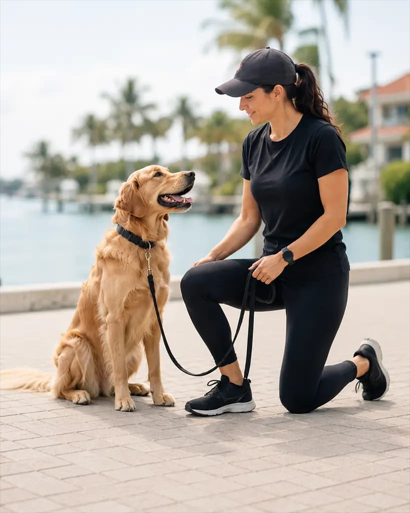 Dog trainer working with a calm golden retriever outdoors in South Florida