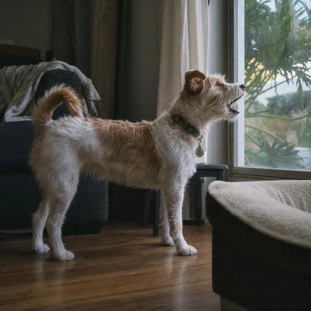 Alert dog barking toward a living room window