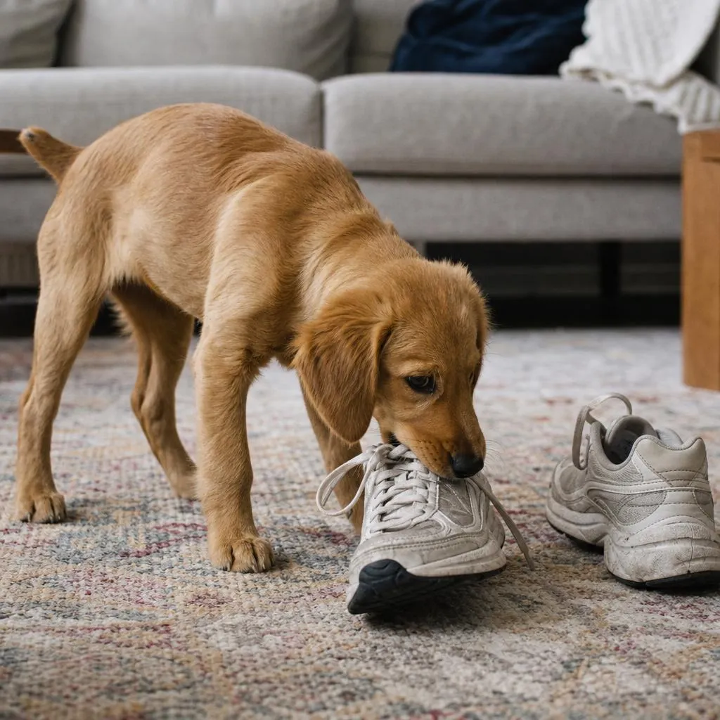 Young dog chewing a sneaker on a living room rug