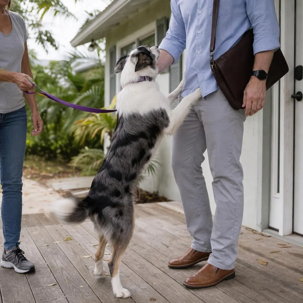 Young dog jumping up to greet someone outside a home