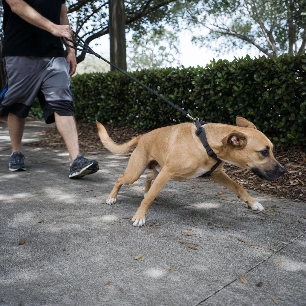 Dog pulling ahead of its handler on a neighborhood walk
