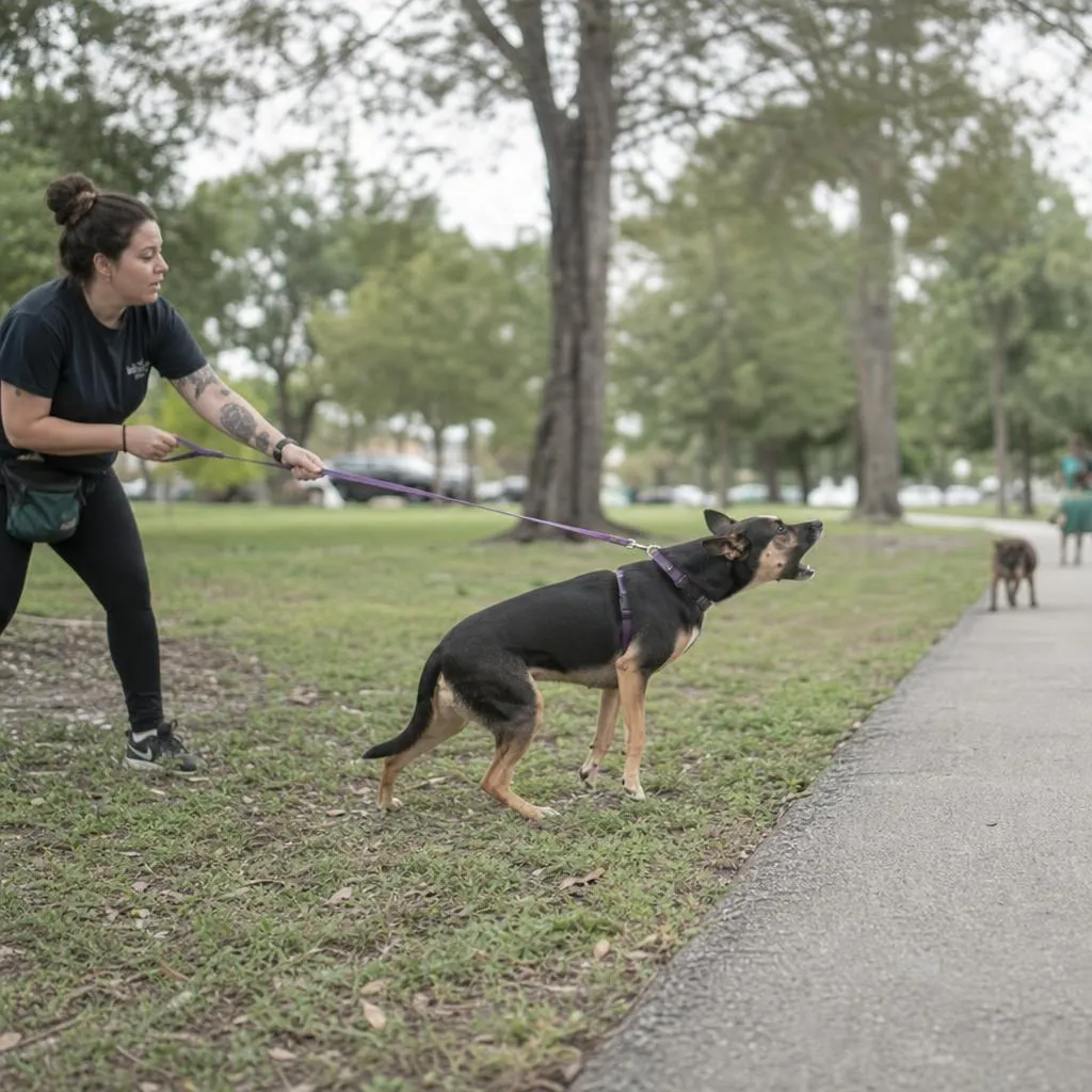 Reactive dog barking toward another dog at a distance in a park