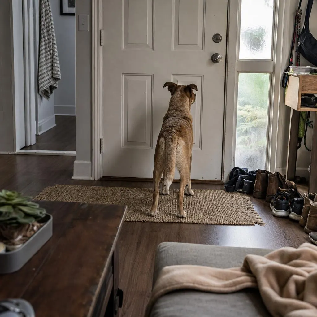 Dog waiting by the front door in a quiet home
