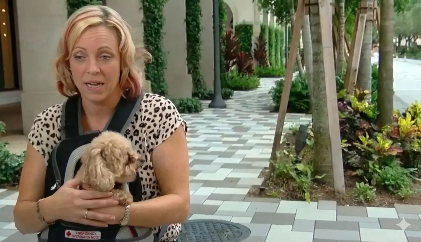 Britt Grogan holding her small toy poodle service dog, Ruxx, in a front-facing pet carrier while standing outdoors.
