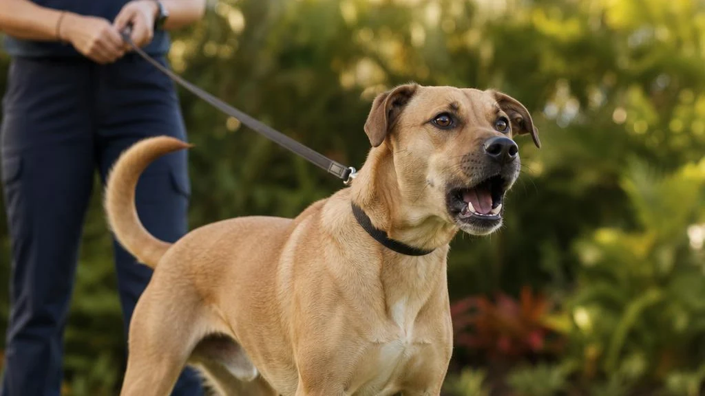 Tan dog barking on a leash during a supervised outdoor training session